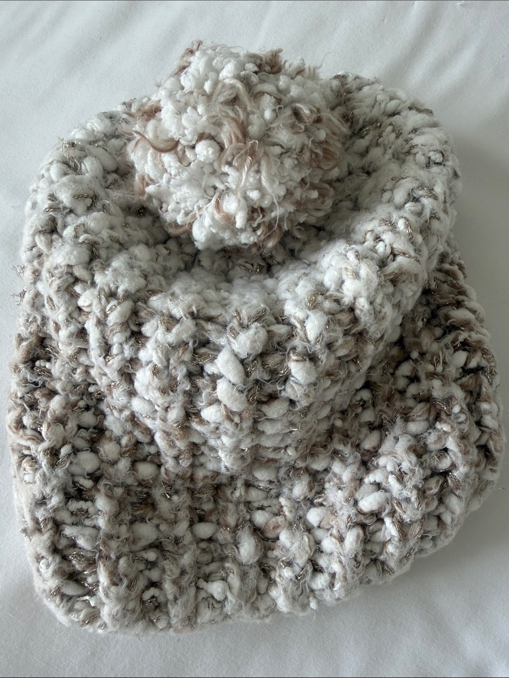 Saks Fifth Avenue Chunky Soft Knit Pom Beanie in Cream and Taupe